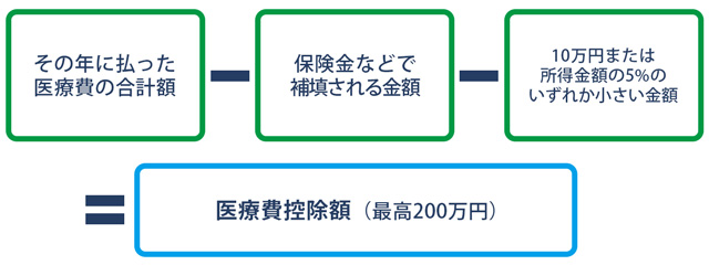 その年に払った医療費の合計額 - 保険金などで補填される金額 - 10万円または所得金額の5%のいずれか小さい金額 - 医療費控除額（最高200万円）